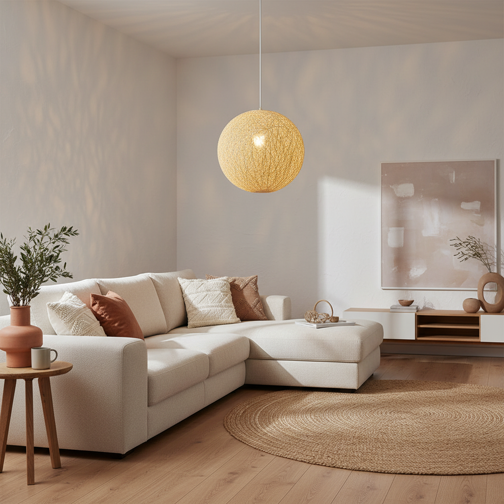 Beige woven globe pendant on a white cord