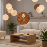 Brown woven globe pendant on a white cord
