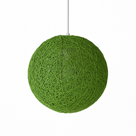 Green woven globe pendant on a white cord