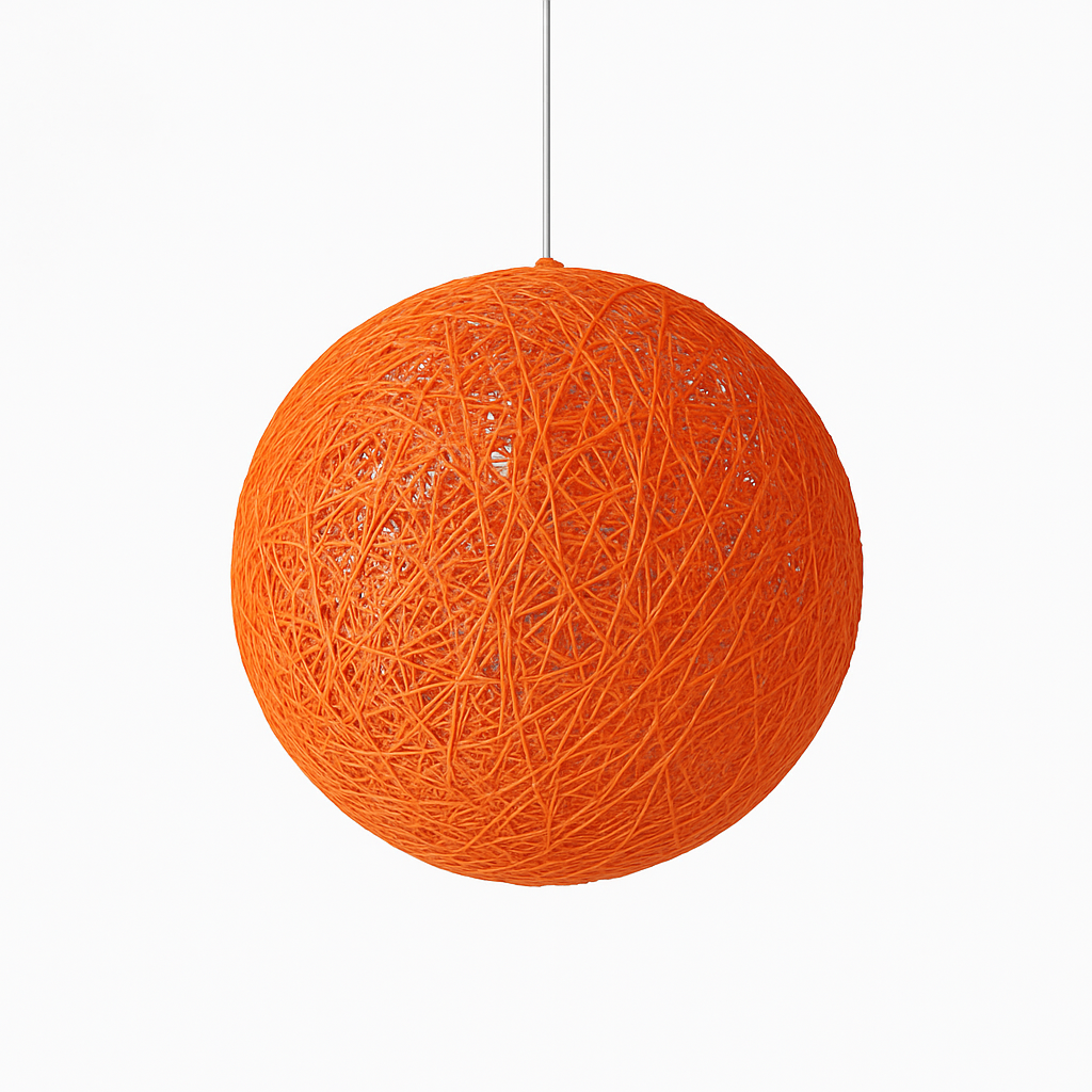 Orange woven globe pendant on a white cord