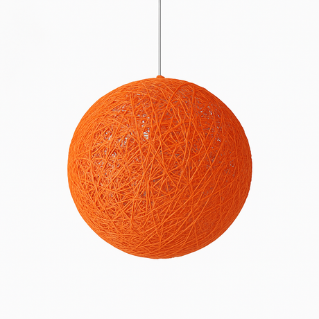 Orange woven globe pendant on a white cord