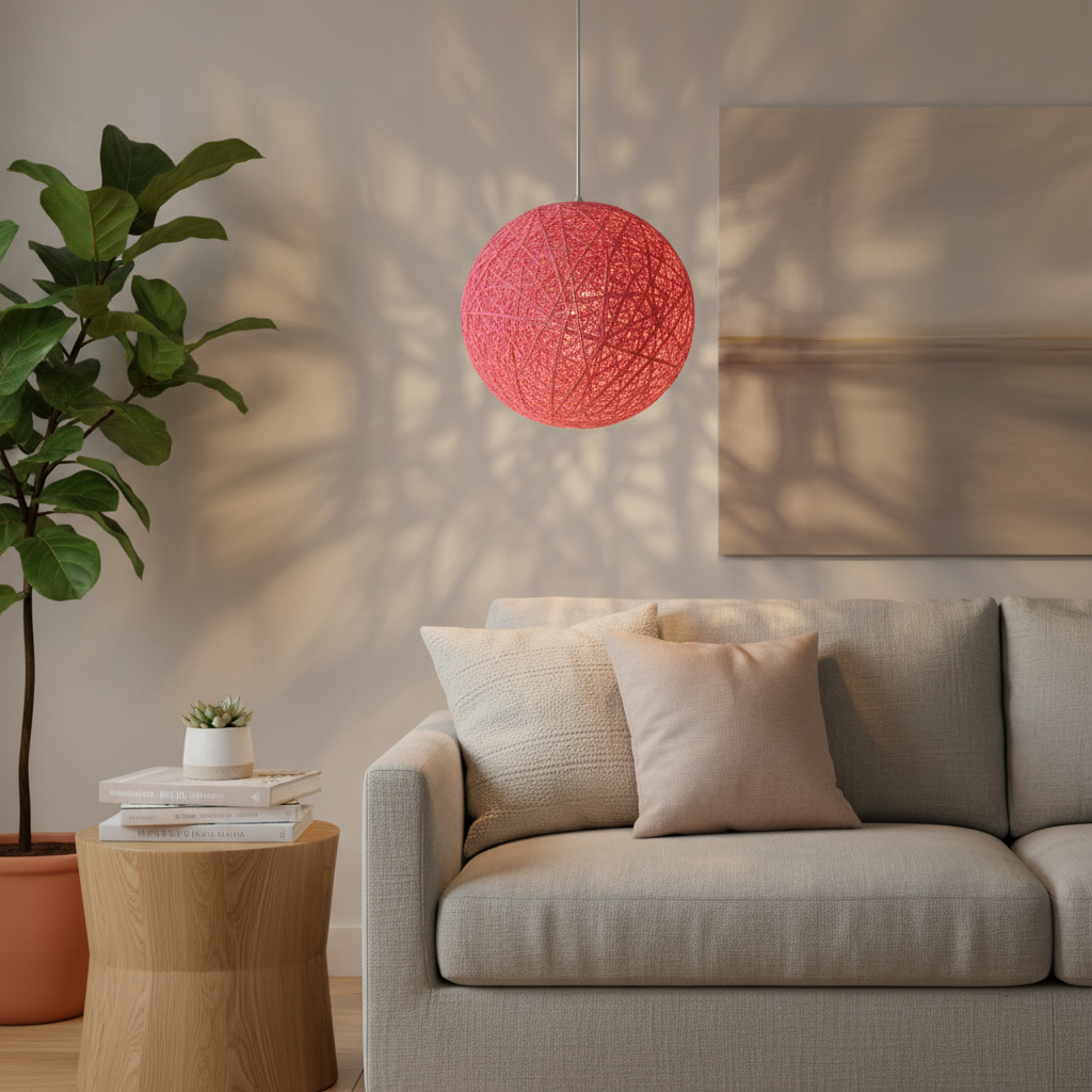 Pink woven globe pendant on a white cord