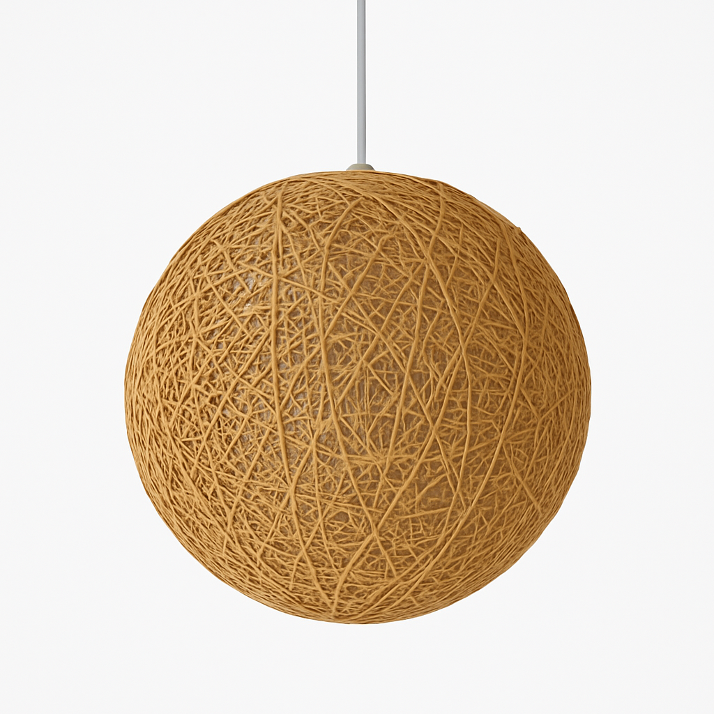 Tan woven globe pendant on a white cord