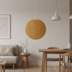 Tan woven globe pendant on a white cord