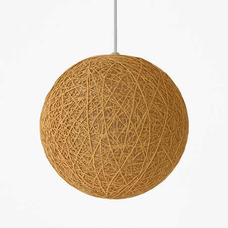 Tan woven globe pendant on a white cord