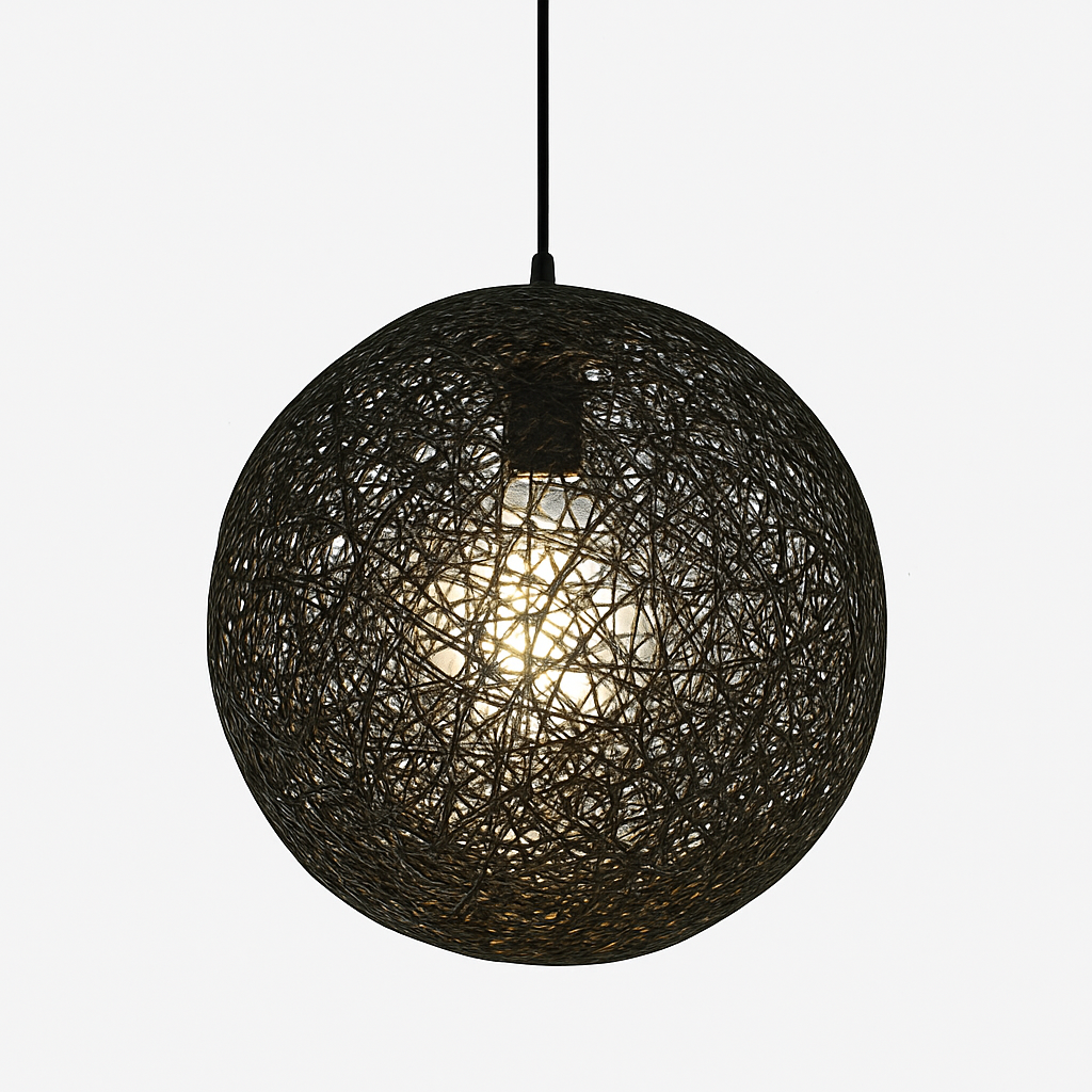 Black woven globe pendant lit against a plain white backdrop
