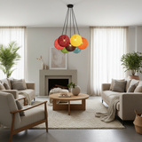 Cluster of woven globe pendants in seven bright colours