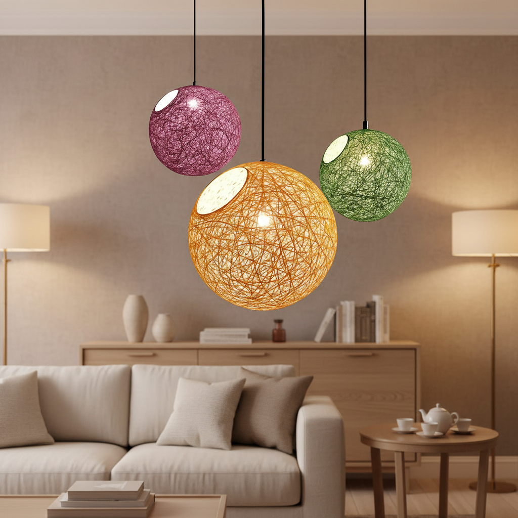 Purple, orange and green woven globes lit and hanging together
