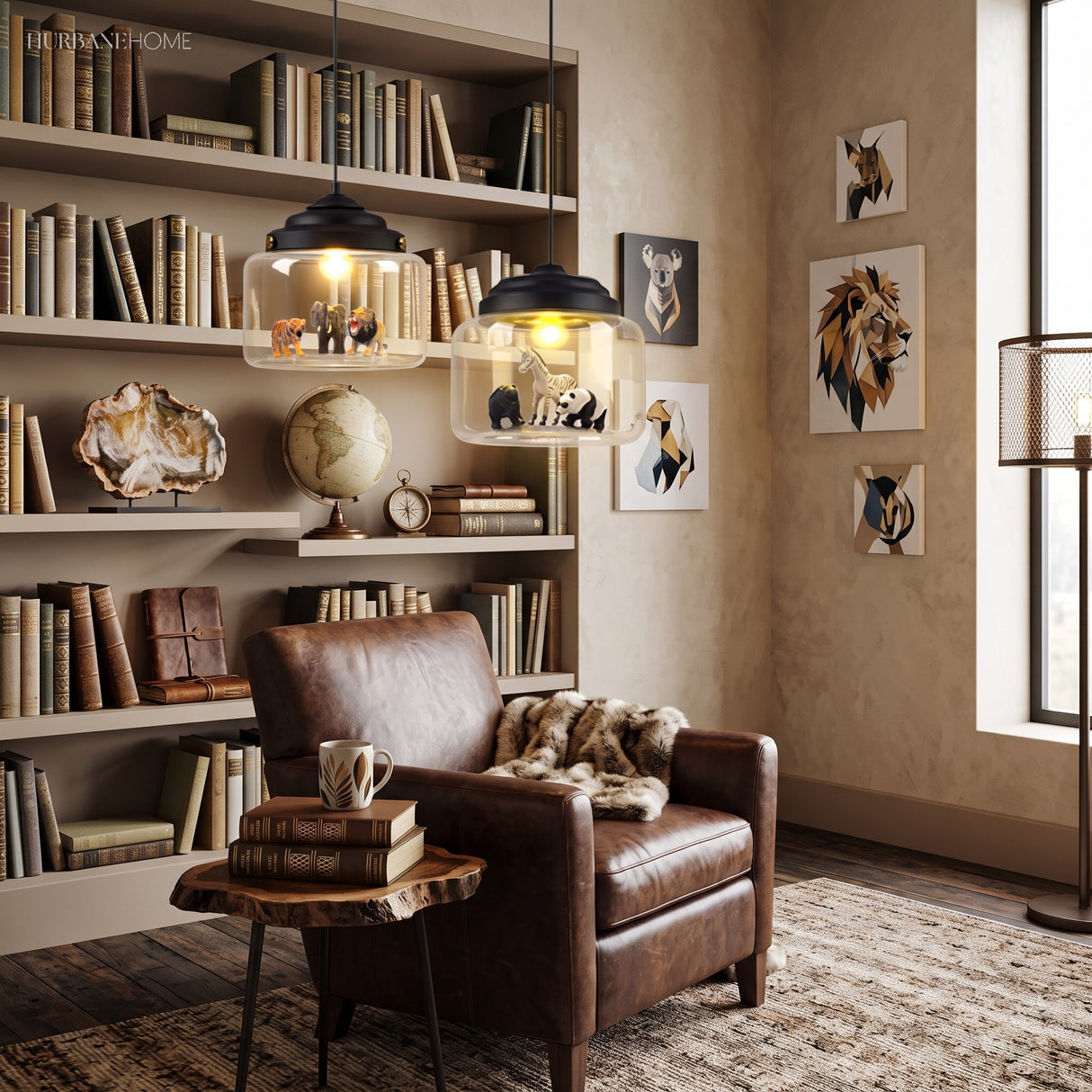 Clear Glass Pendant Light with Animal Figures in a bedroom setting