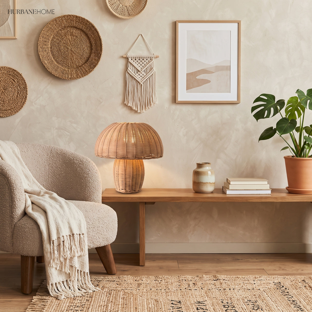 Woven rattan table lamp glowing softly on a bedroom nightstand