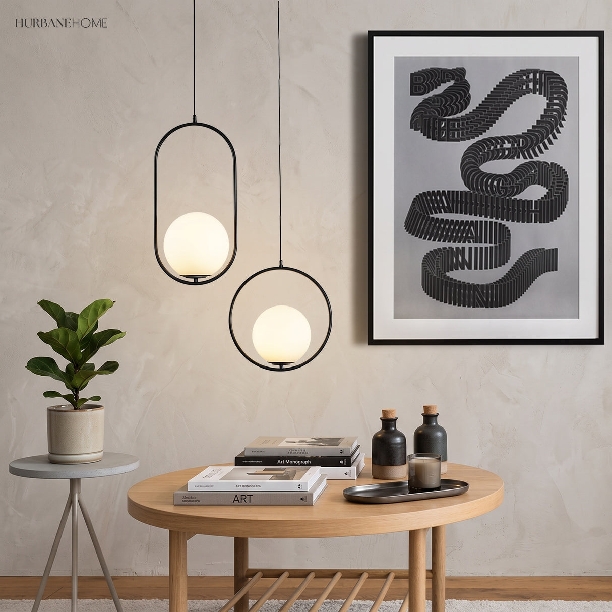Black Oval Frame Glass Globe Pendant Light in a bedroom setting