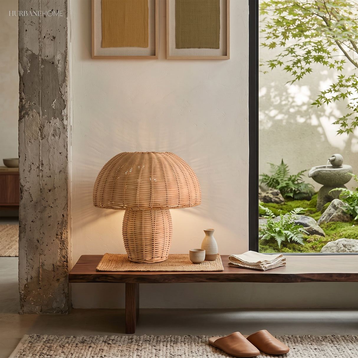 Boho rattan table lamp styled in a warm modern living space