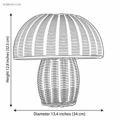 Line drawing of the rattan table lamp with 13.4 inch diameter and 12.8 inch height