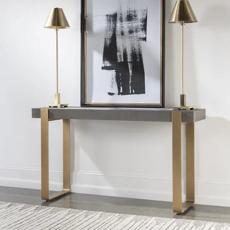 Diamond-pattern ash veneer on wood metal entry table with brass legs
