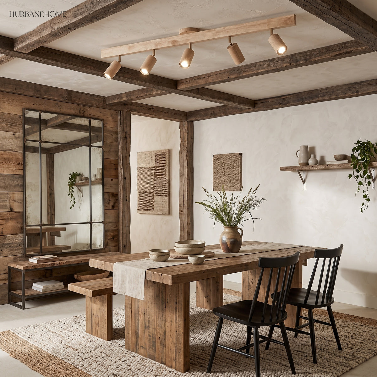Wood beam track light with five heads above a rustic timber dining table