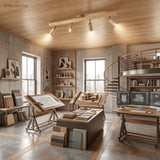 Five head wood track light lit on a timber ceiling above a studio workbench