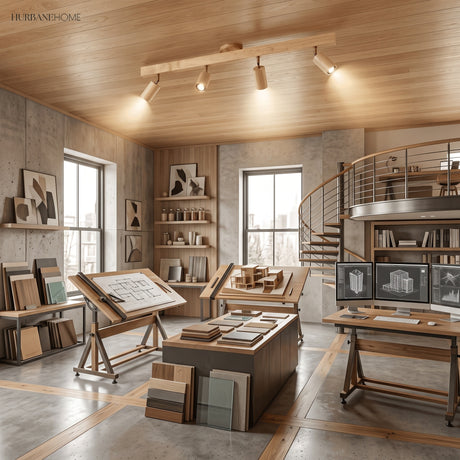 Five head wood track light lit on a timber ceiling above a studio workbench