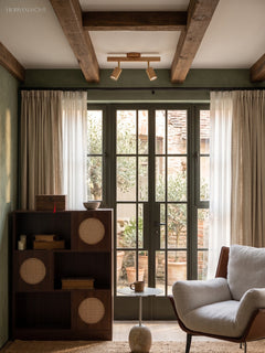 Wood beam multi head track ceiling spotlight close detail view 2