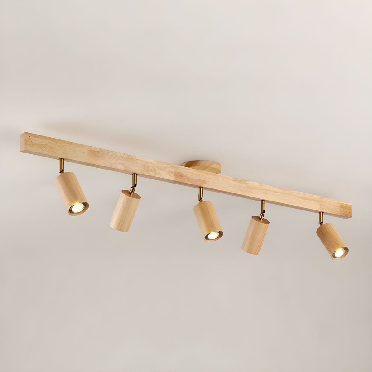 Wood beam multi head track ceiling spotlight close detail view 8