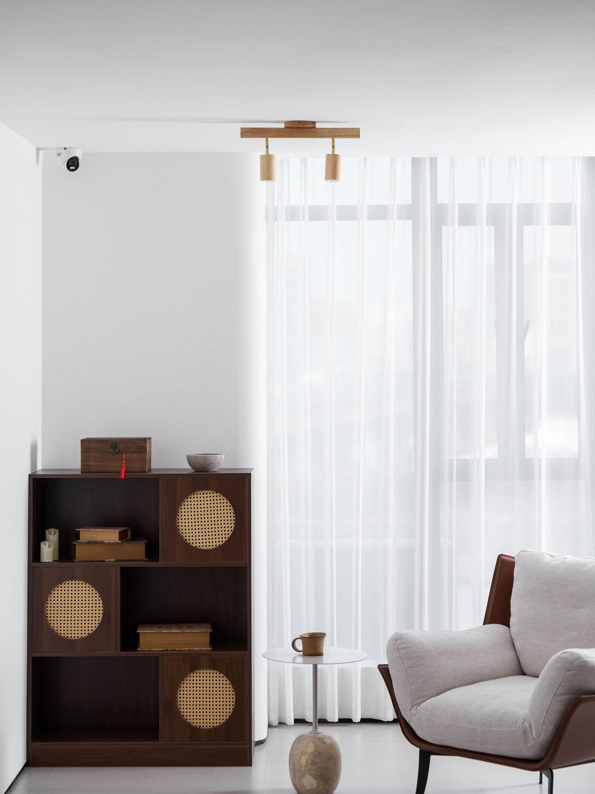 Wood beam multi head track ceiling spotlight close detail view 38