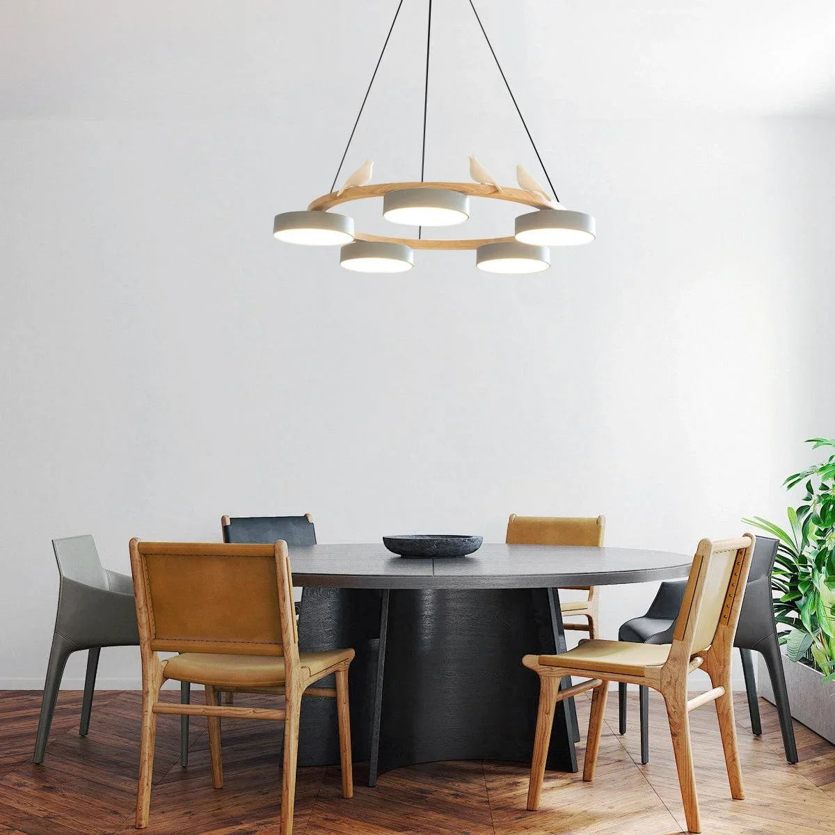 Side profile of the macaron chandelier showing shade depth and wooden frame