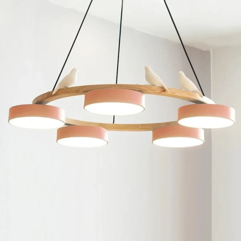 Modern wood bird chandelier fixture with round frame and soft macaron drum shades