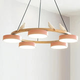 Modern wood bird chandelier fixture with round frame and soft macaron drum shades