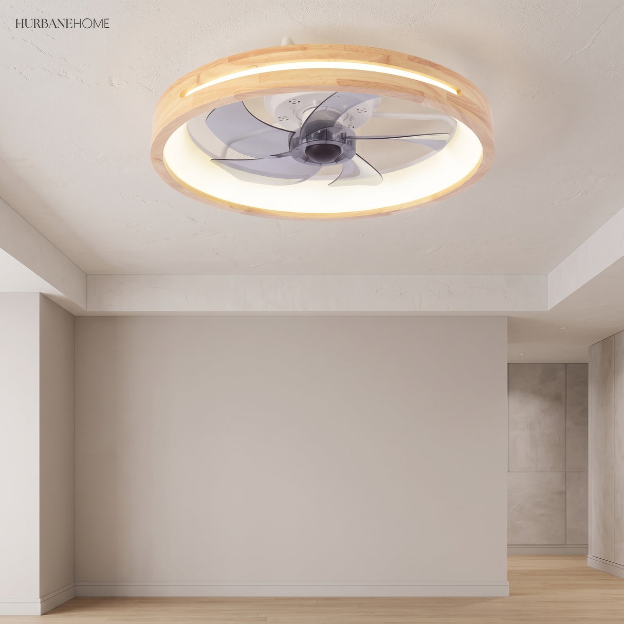 Hollowed wood ceiling fan light in an open modern living room
