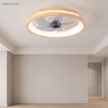 Hollowed wood ceiling fan light in an open modern living room