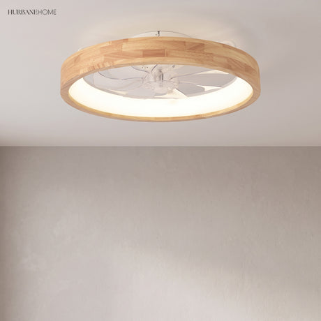Low profile wood ceiling fan light with clear blades in a bedroom