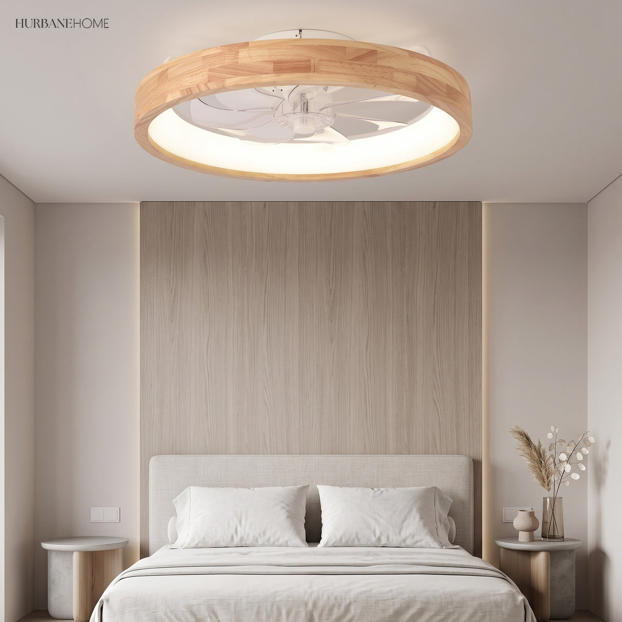 Wood rimmed ceiling fan light above a bed against a timber wall