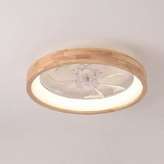 Round solid wood flush mount ceiling fan light on a plain wall