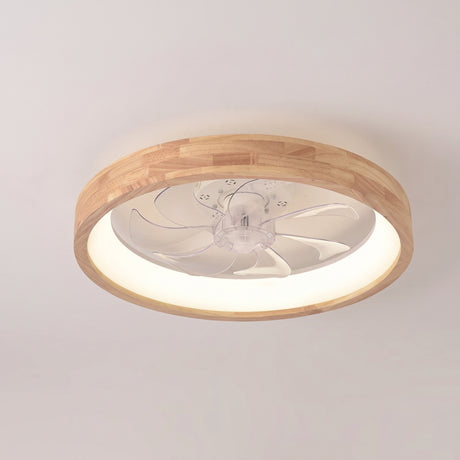 Round solid wood flush mount ceiling fan light on a plain wall