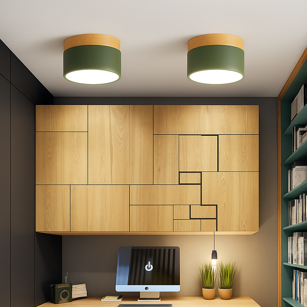 Two green ceiling lights lit above a timber home office desk