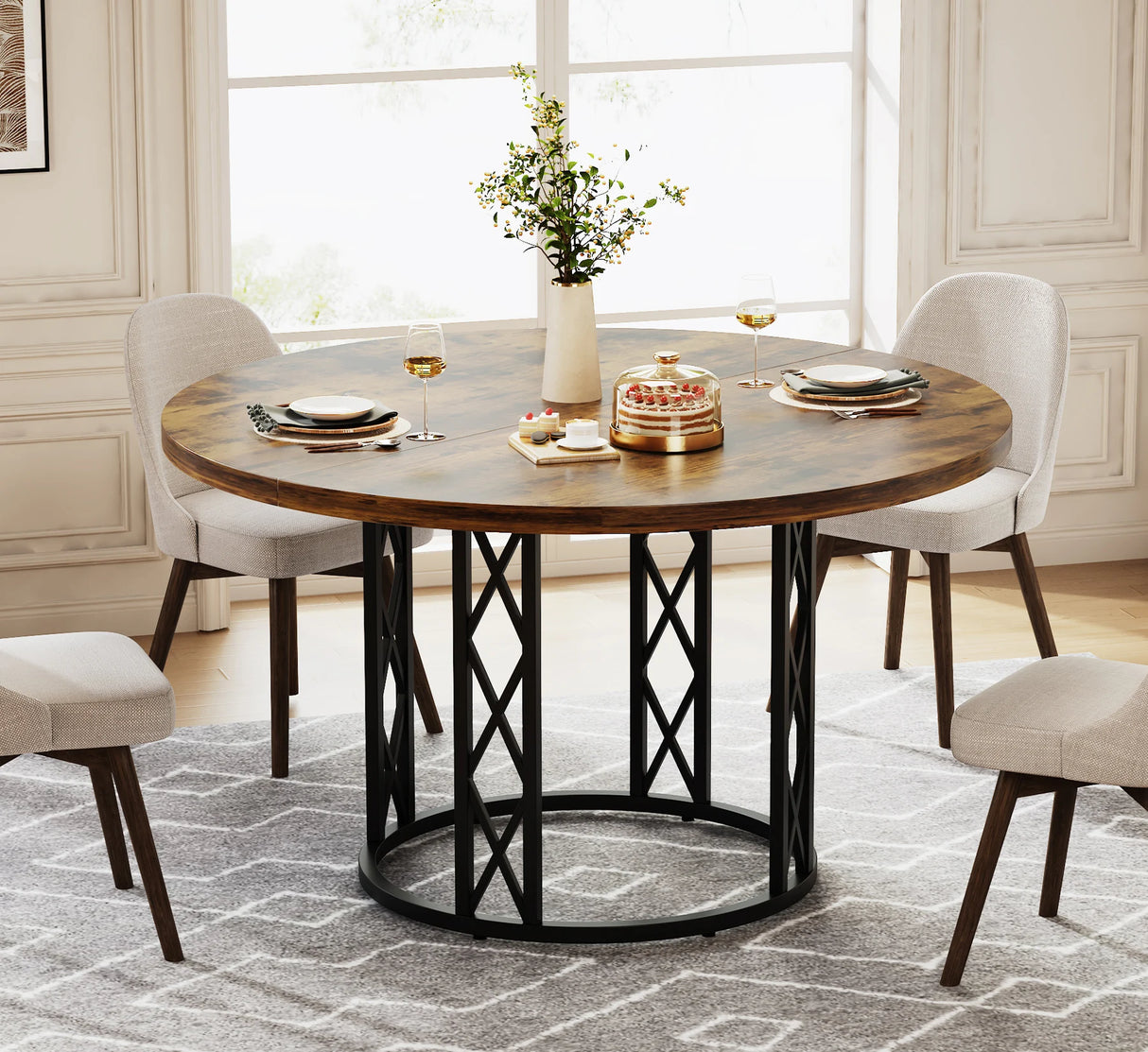 wood dining table with metal base seating layout