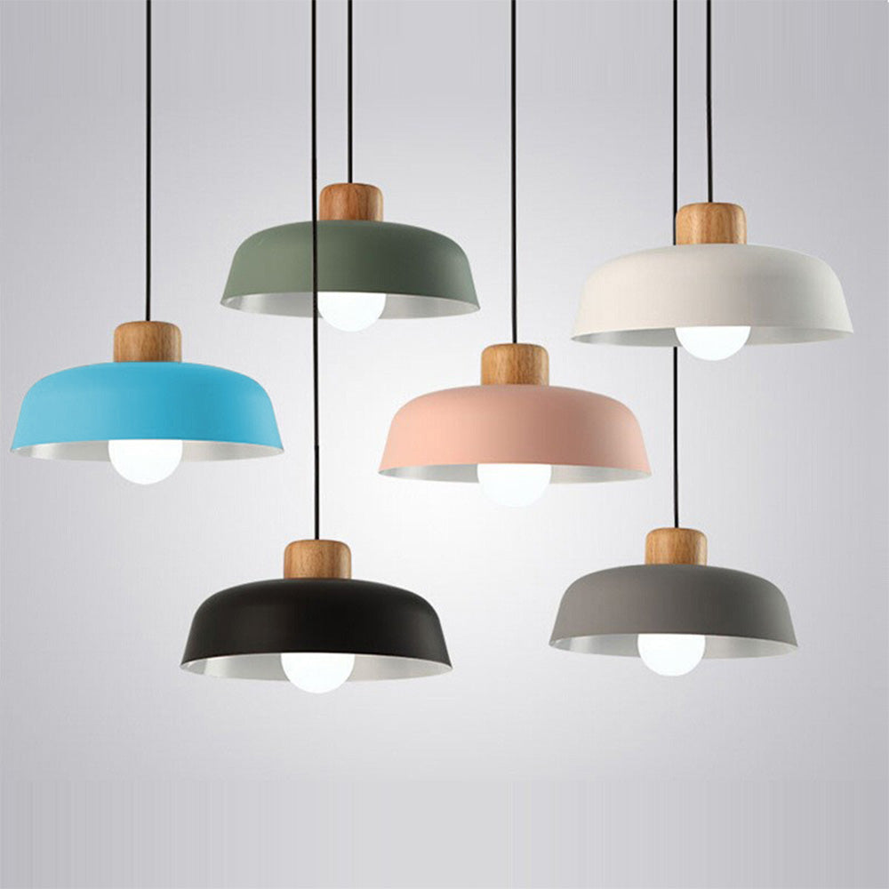 Shallow aluminum dome pendant shade with a wood collar