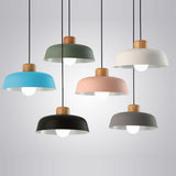 Shallow aluminum dome pendant shade with a wood collar