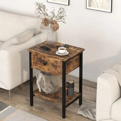 Wood Nightstand With Drawers - Black Metal Legs Storage Pair - Rustic End Table - Hurbane Home