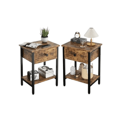 Wood Nightstand With Drawers - Black Metal Legs Storage Pair - Rustic End Table - Hurbane Home