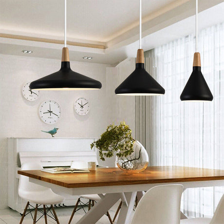 Nordic wood and aluminum pendant light product photograph