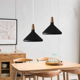 Tapered aluminum pendant shade with a solid wood top