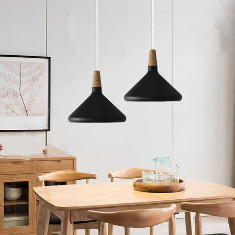 Tapered aluminum pendant shade with a solid wood top