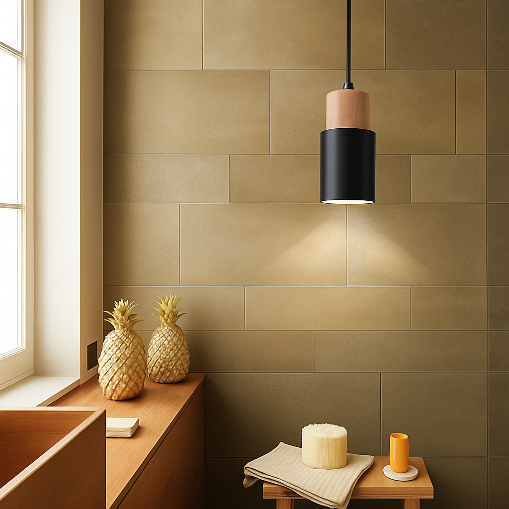 Black cylinder pendant lit against a warm tiled alcove wall