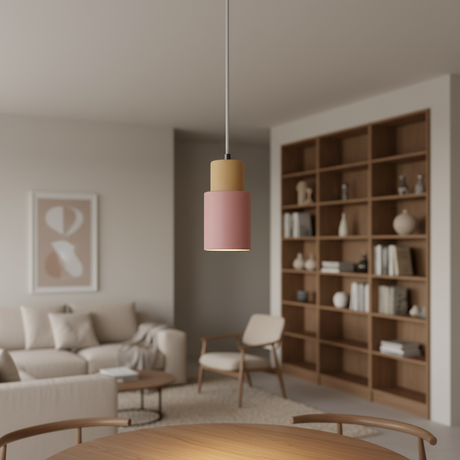 Wood Pendant Light Cylinder Metal Shade E27