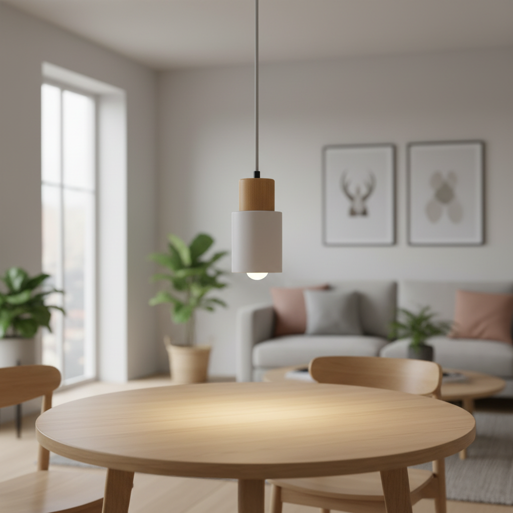 Wood Pendant Light Cylinder Metal Shade E27