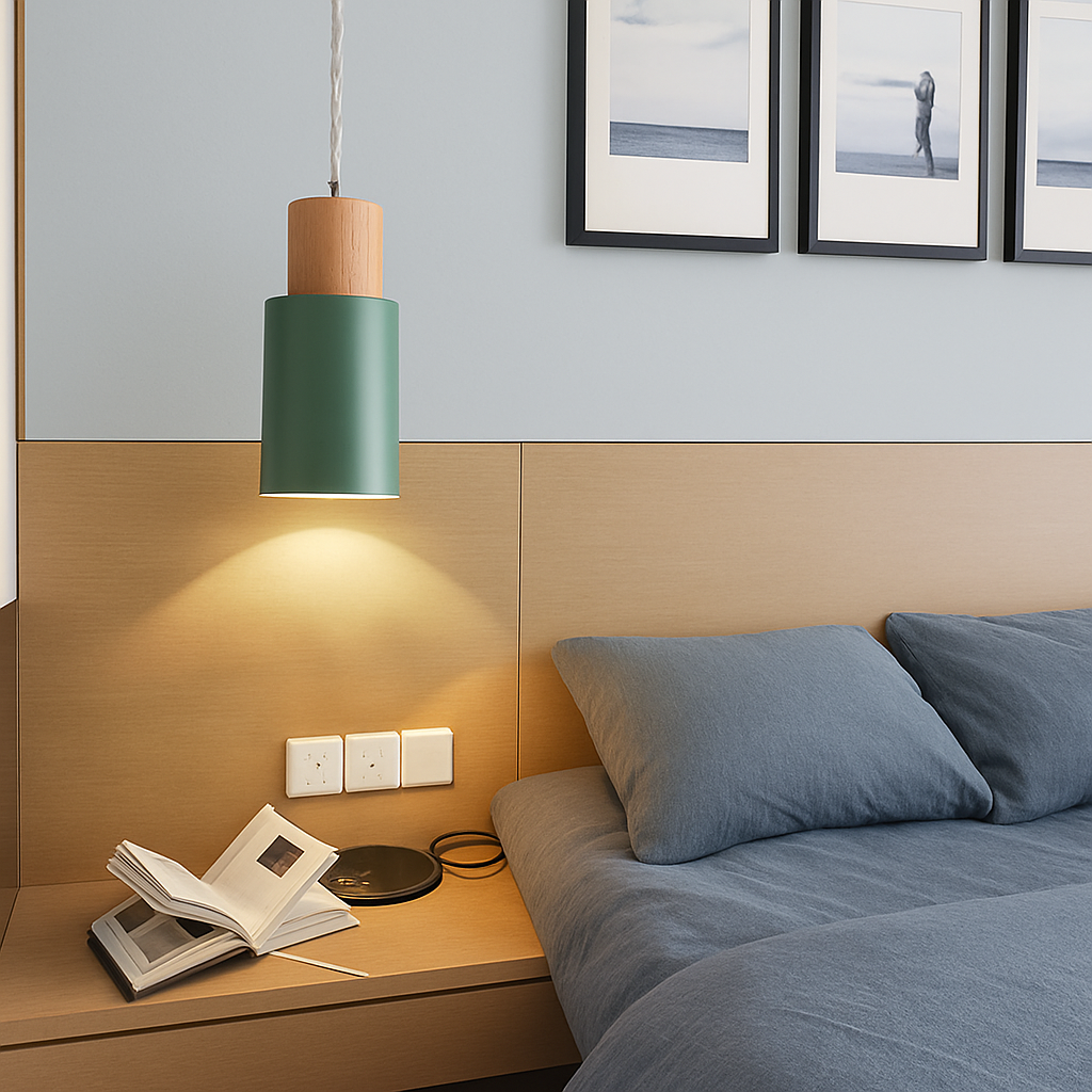 Green cylinder pendant lit above a bed and timber headboard