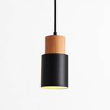Wood topped cylinder pendant shown against a plain white backdrop