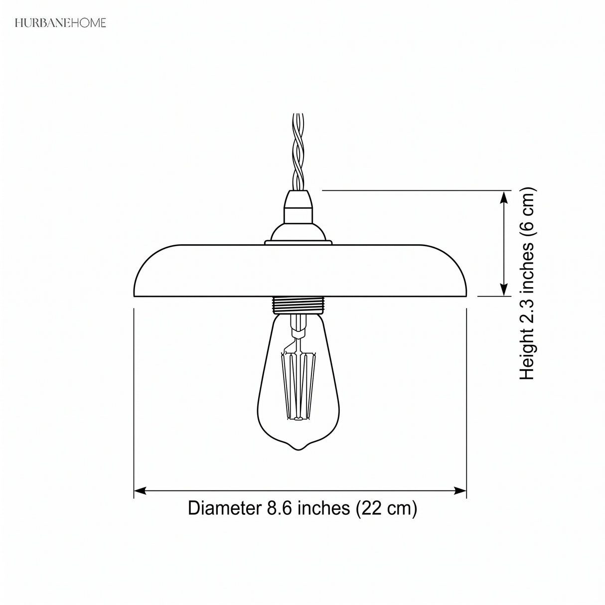 Line drawing of the wood pendant marked 8.6 inches wide and 2.3 inches deep