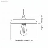 Line drawing of the wood pendant marked 8.6 inches wide and 2.3 inches deep