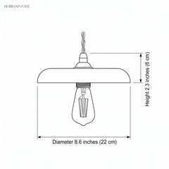 Line drawing of the wood pendant marked 8.6 inches wide and 2.3 inches deep